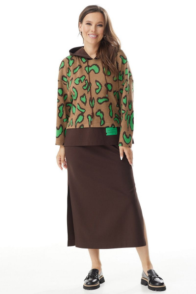 Коричневый комплект худи и юбки из трикотажа Магия моды 2319 зеленый_ шоколад - фото 1