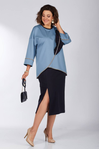 Модный костюм с юбкой и джемпером из трикотажа Lady Secret 1631 синий+синие_тона - фото 6
