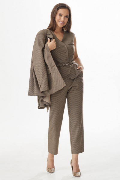 Элегантный комплект из удлиненного жакета, жилета и брюк Магия моды 2331 коричневый - фото 5