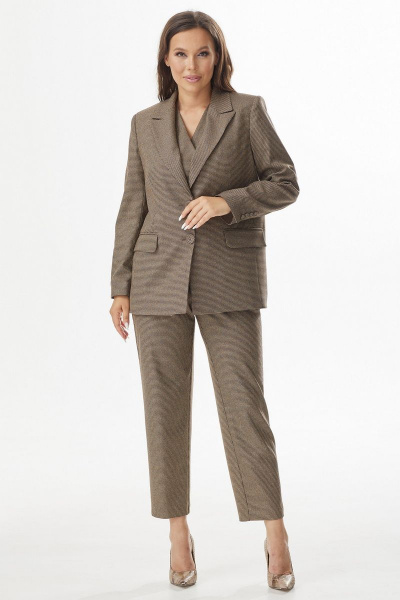Элегантный комплект из удлиненного жакета, жилета и брюк Магия моды 2331 коричневый - фото 3