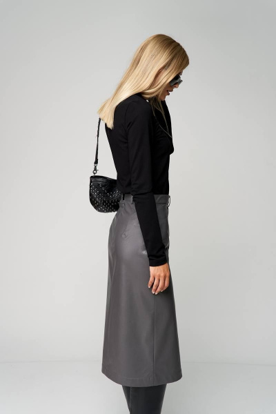 Юбка из экокожи с высоким разрезом и пуговицами THE NAME 2257 серый - фото 5