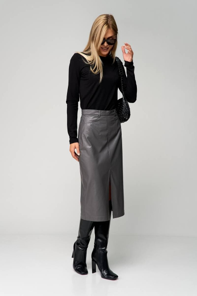 Юбка из экокожи с высоким разрезом и пуговицами THE NAME 2257 серый - фото 3