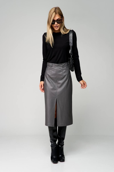 Юбка из экокожи с высоким разрезом и пуговицами THE NAME 2257 серый - фото 2