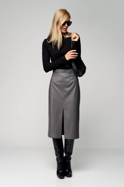 Юбка из экокожи с высоким разрезом и пуговицами THE NAME 2257 серый - фото 1