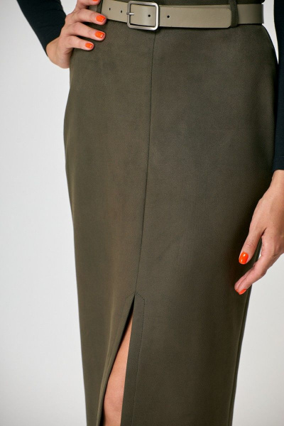 Миди-юбка из текстиля с разрезом и потайной молнией Anelli 1308 хаки - фото 5