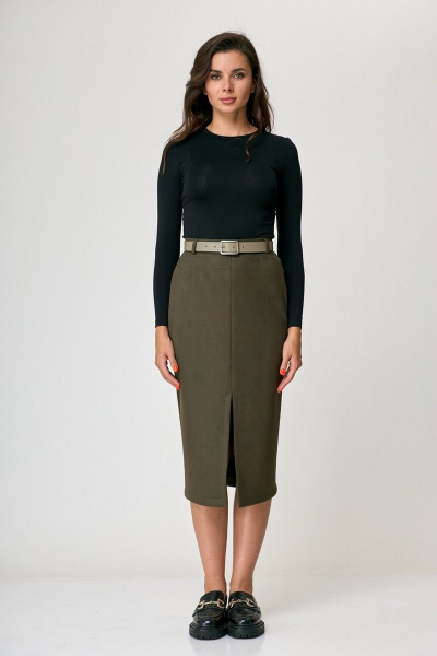 Миди-юбка из текстиля с разрезом и потайной молнией Anelli 1308 хаки - фото 4