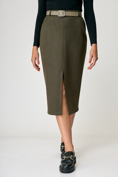 Миди-юбка из текстиля с разрезом и потайной молнией Anelli 1308 хаки - фото 3