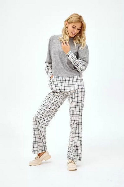 Брюки NikVa 393-1 клетка_молоко-серо-голубой - фото 4