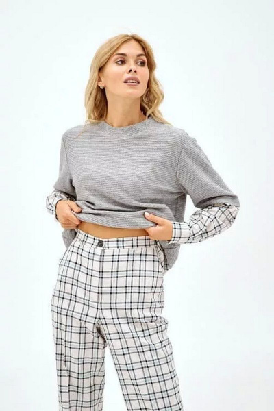 Брюки NikVa 393-1 клетка_молоко-серо-голубой - фото 3