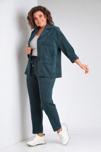 Женский вельветовый жакет и брюки с регулируемым поясом VIA-Mod 610 изумруд - фото 3
