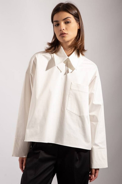 Оверсайз рубашка из хлопка с крыльями воротника и накладным карманом PINA 20750 молочный - фото 2