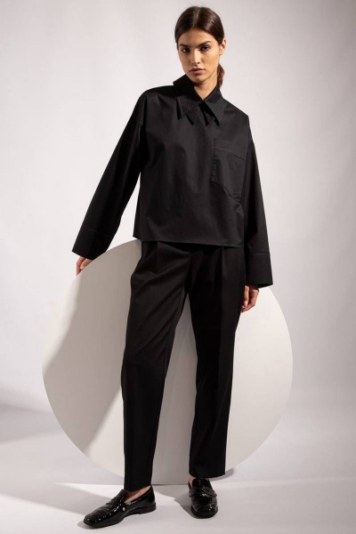 Асимметричная хлопковая рубашка с широкими рукавами и накладным карманом PINA 20750 черный - фото 5