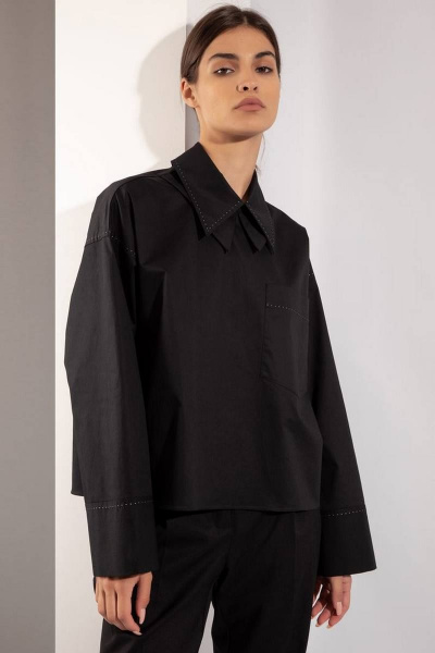 Асимметричная хлопковая рубашка с широкими рукавами и накладным карманом PINA 20750 черный - фото 2