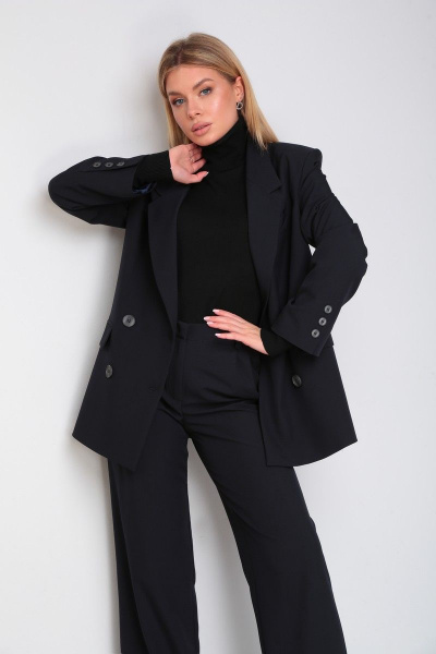 Черный свободный костюм из текстиля с брюками и жакетом DOGGI 2908 черный - фото 8