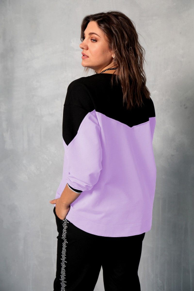 Свитшот свободный с контрастными вставками из трикотажа и хлопка BegiModa 4067 лаванда - фото 5