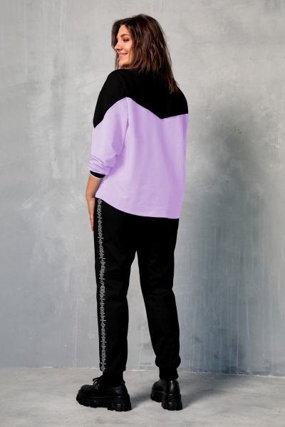 Свитшот свободный с контрастными вставками из трикотажа и хлопка BegiModa 4067 лаванда - фото 4