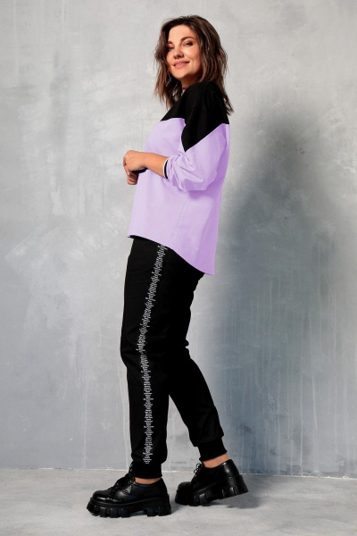 Свитшот свободный с контрастными вставками из трикотажа и хлопка BegiModa 4067 лаванда - фото 3