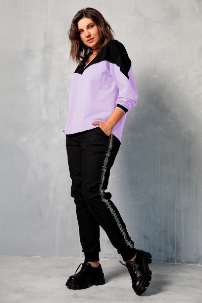 Свитшот свободный с контрастными вставками из трикотажа и хлопка BegiModa 4067 лаванда - фото 2