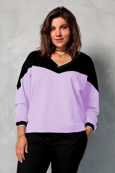 Свитшот свободный с контрастными вставками из трикотажа и хлопка BegiModa 4067 лаванда - фото 1