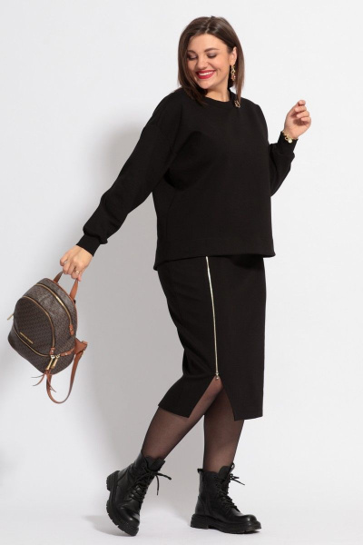 Полуприлегающий комплект из свитшота и юбки с разрезом BegiModa 3042 черный - фото 1