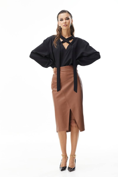 Деловая коричневая юбка-карандаш из эко-кожи Vesnaletto 3608 - фото 1