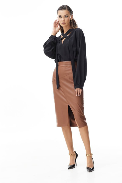 Деловая коричневая юбка-карандаш из эко-кожи Vesnaletto 3608 - фото 3