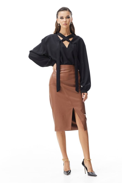 Деловая коричневая юбка-карандаш из эко-кожи Vesnaletto 3608 - фото 2