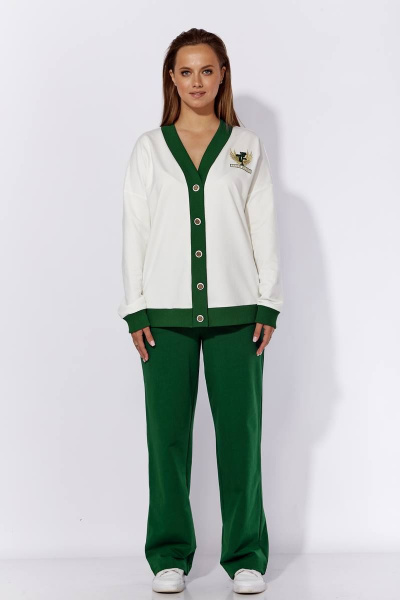 Комплект брюки и кардиган из трикотажа на каждый день TAiER 1214 молоко/изумруд - фото 1