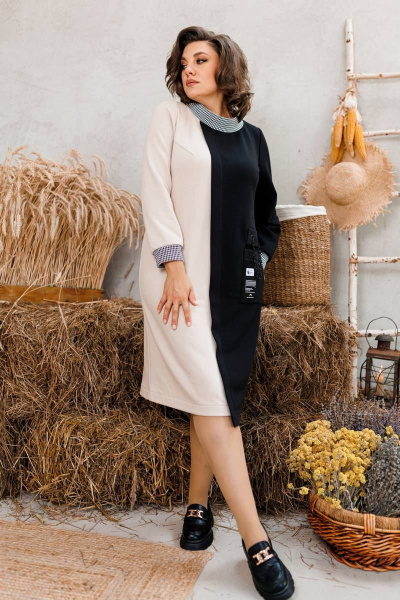 Стильное двухцветное трикотажное платье с асимметричным подрезом Romanovich Style 1-2563 черный/бежевый - фото 10