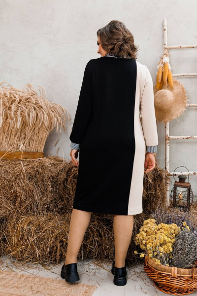 Стильное двухцветное трикотажное платье с асимметричным подрезом Romanovich Style 1-2563 черный/бежевый - фото 5