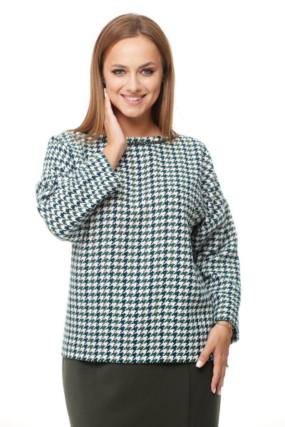 Комплект из блузки и юбки из текстиля с отделкой тесьмой Anastasia 1042 зеленый_гус.лапка/олива - фото 6