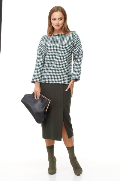 Комплект из блузки и юбки из текстиля с отделкой тесьмой Anastasia 1042 зеленый_гус.лапка/олива - фото 5