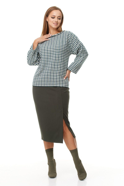 Комплект из блузки и юбки из текстиля с отделкой тесьмой Anastasia 1042 зеленый_гус.лапка/олива - фото 4