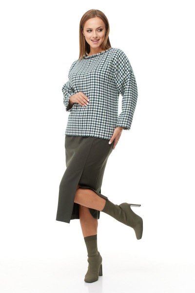 Комплект из блузки и юбки из текстиля с отделкой тесьмой Anastasia 1042 зеленый_гус.лапка/олива - фото 2