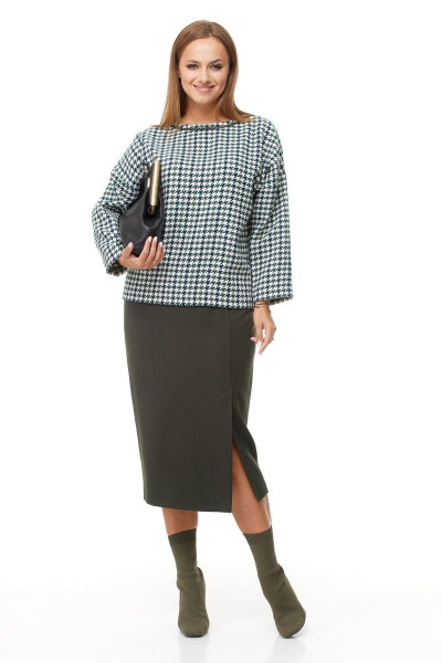 Комплект из блузки и юбки из текстиля с отделкой тесьмой Anastasia 1042 зеленый_гус.лапка/олива - фото 1