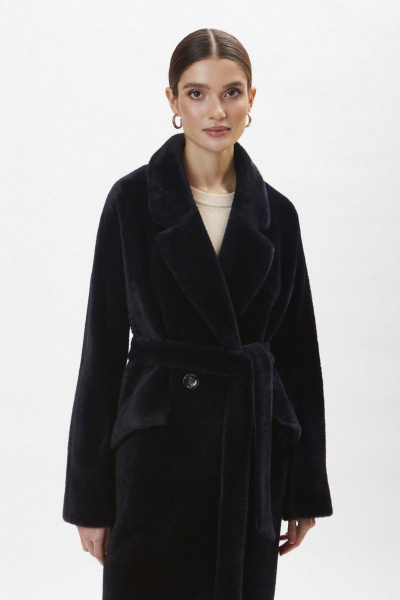 Шуба из искусственного меха с английским воротником и съемным поясом ElectraStyle 6-2214/1м-312 тёмно-синий - фото 2