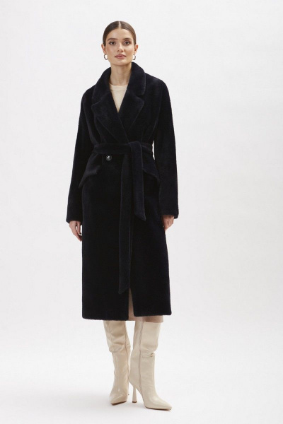 Шуба из искусственного меха с английским воротником и съемным поясом ElectraStyle 6-2214/1м-312 тёмно-синий - фото 1