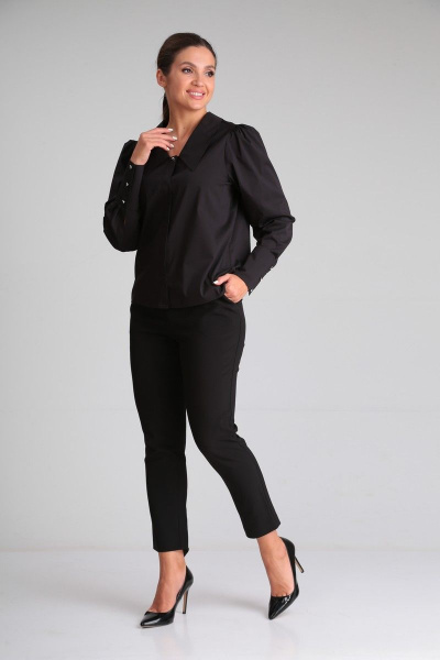 Черная блузка из хлопка с классическим воротником и застежкой Modema м.544/3 - фото 6