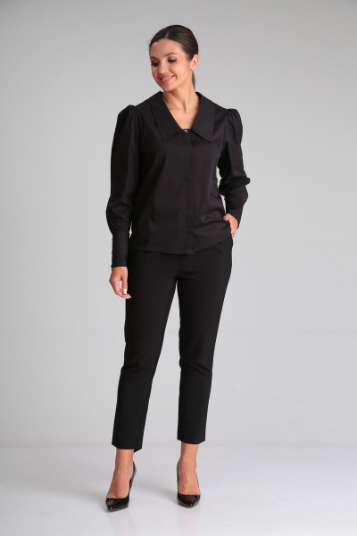 Черная блузка из хлопка с классическим воротником и застежкой Modema м.544/3 - фото 5