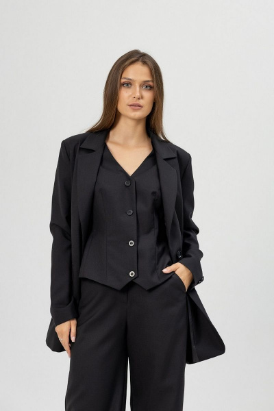 Черный костюм из текстиля с жакетом, брюками и жилетом Atelero 1082Ш черный - фото 7