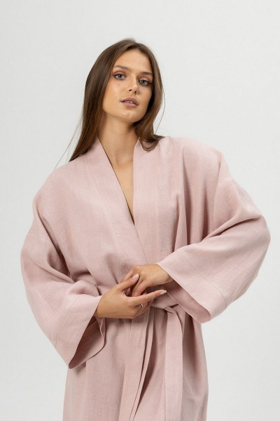 Длинный домашний халат из мягкого льна Atelero 1097 пудровый - фото 2