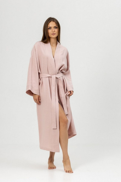 Длинный домашний халат из мягкого льна Atelero 1097 пудровый - фото 1