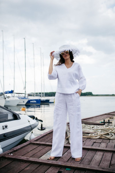 блузка льняная свободная с кружевом и В-образным вырезом L. LABKOVA 2701/23-14а белый - фото 3