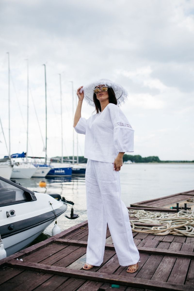 блузка льняная свободная с кружевом и В-образным вырезом L. LABKOVA 2701/23-14а белый - фото 7