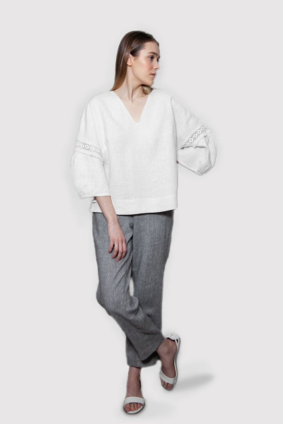 блузка льняная свободная с кружевом и В-образным вырезом L. LABKOVA 2701/23-14а белый - фото 5