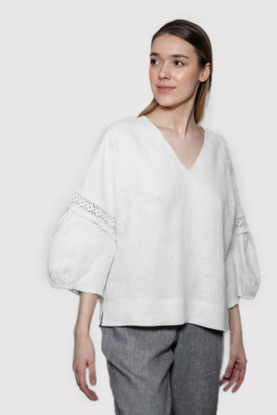 блузка льняная свободная с кружевом и В-образным вырезом L. LABKOVA 2701/23-14а белый - фото 4