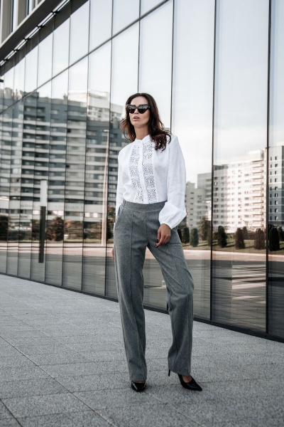 льняная блузка свободная с кружевом и воротником стойка L. LABKOVA 2701/23-17 белый - фото 2