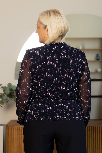 Синяя офисная блузка с рюшами и поясом LindaLux 253 розовая_розочка - фото 2