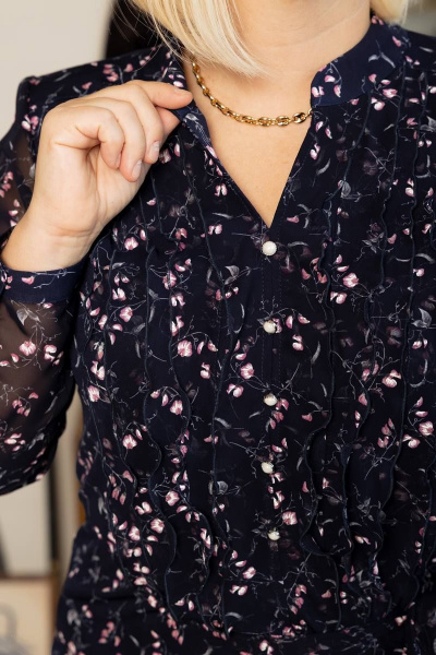 Синяя офисная блузка с рюшами и поясом LindaLux 253 розовая_розочка - фото 5