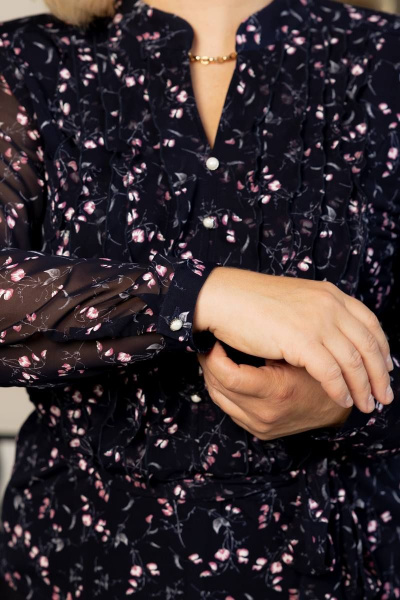 Синяя офисная блузка с рюшами и поясом LindaLux 253 розовая_розочка - фото 3